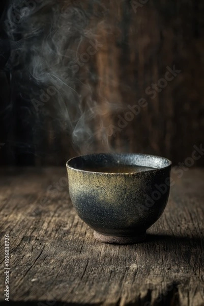 Fototapeta Steaming hot beverage in a rustic ceramic bowl on a wooden surface.