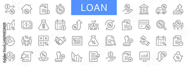 Fototapeta Loan thin line icons set. Credit rating, mortgage, interest rate editable stroke icon. Vector illustration