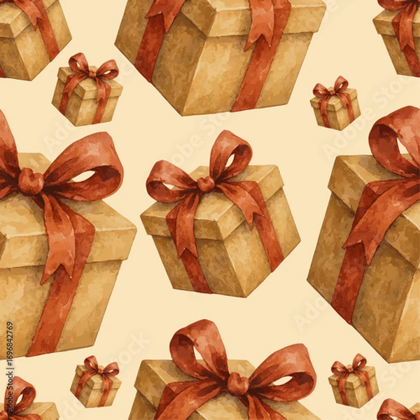 Fototapeta Watercolor gift box pattern with red ribbons and bows on a beige background. Seamless festive design perfect for Christmas wrapping paper, holiday packaging, birthday decorations, New Year prints.