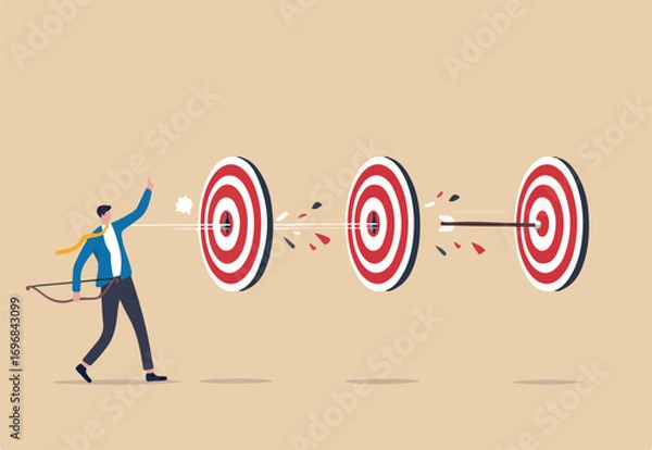 Fototapeta Completed multiple tasks with single action, business advantage or efficiency to success and achieve many targets with small effort, smart businessman archery hit multiple bullseye with single arrow.