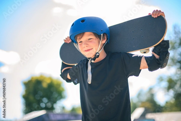 Fototapeta nice Boy with skateboards outside on skate playground