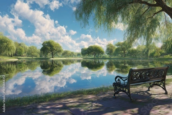 Fototapeta Tranquil Lakeside Scene with Bench and Sky Reflection.
