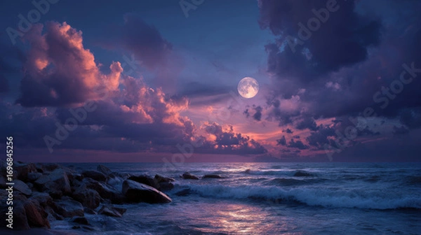 Fototapeta Full moon rising over ocean horizon with colorful twilight clouds and sunset glow