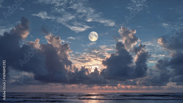 Fototapeta Full moon rising over ocean horizon with colorful twilight clouds and sunset glow