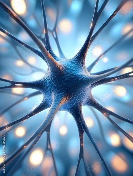 Obraz Neural network connection with blue background and orange lights in the background