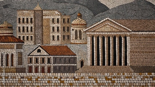 Obraz Ancient city mosaic art depicting architecture and mountains in the background view