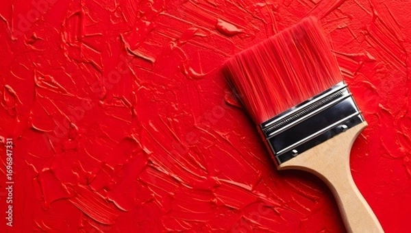 Obraz Red paint texture background with paintbrush close up and bright color tones used