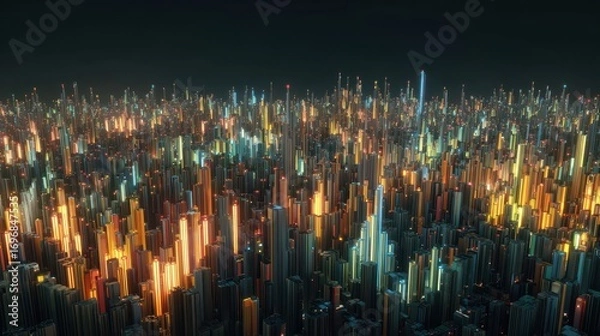 Fototapeta Abstract cityscape with glowing neon lights representing data visualization and technology.