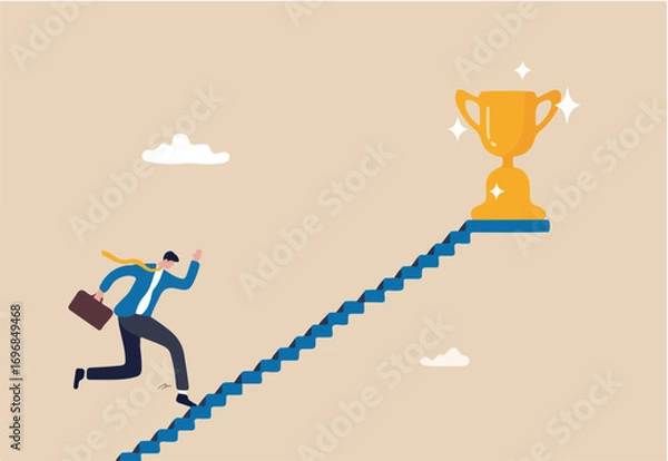 Fototapeta Take small steps to achieve big goal, growing wisely slow and steady to reach target and achieve success, career development concept, confidence businessman take slow small stair steps to reach goal.