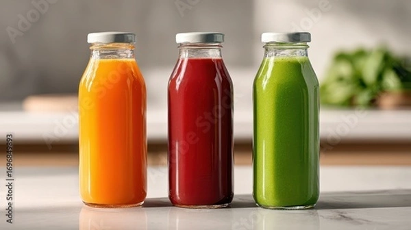 Fototapeta Three bottles of fresh juice in a row on a counter.