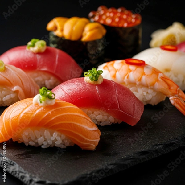 Fototapeta Assortment of freshly prepared sushi nigiri and gunkan maki on a dark slate platter