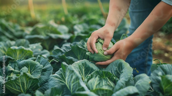 Fototapeta Hands harvesting fresh cabbage from a vibrant green farm field at sunrise