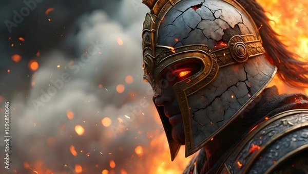Obraz Warrior in fiery battleground with glowing eyes and cracked helmet in the heat of war
