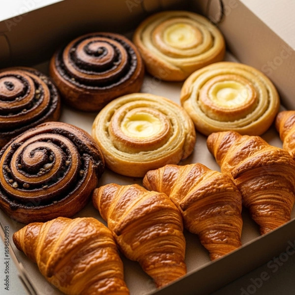 Fototapeta Delicious assortment of freshly baked cinnamon rolls and croissants in a cardboard box