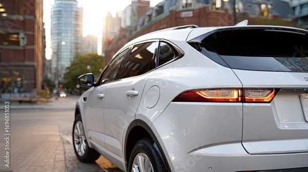 Fototapeta Sleek white SUV captured from behind in a bustling urban area, sunlight reflecting off its red taillights and polished surface