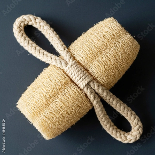 Fototapeta Natural loofah sponge with rope handle for exfoliating and gentle skin scrubbing