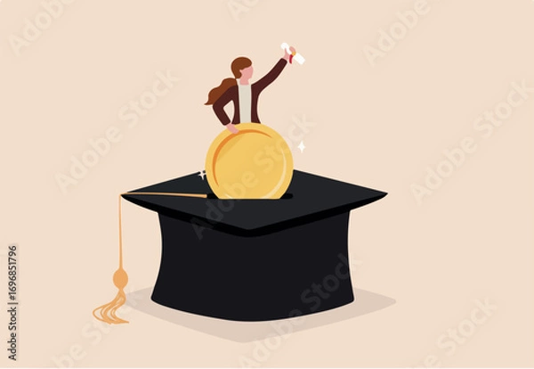 Fototapeta Education fund for college, saving for school or university tuition fee, study cost or training expense concept, young woman insert money coin into mortarboard saving box while holding degree scroll.