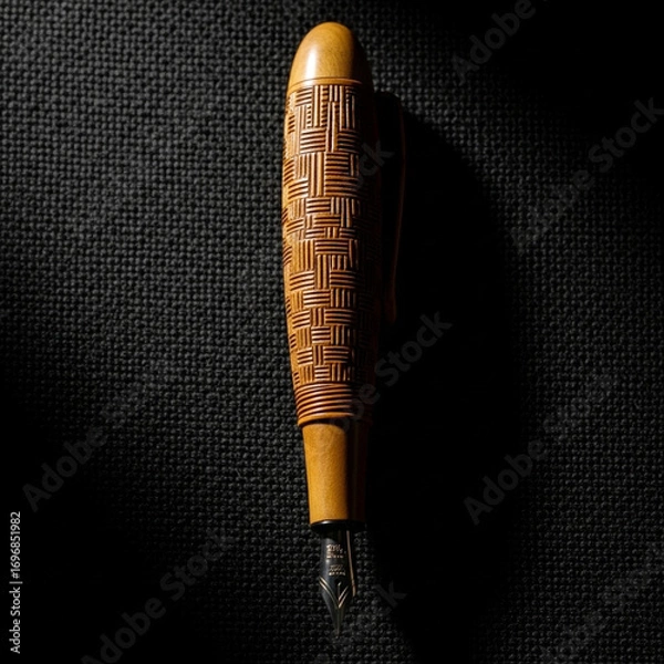 Fototapeta Intricately carved wooden handle with detailed woven pattern and shadow play