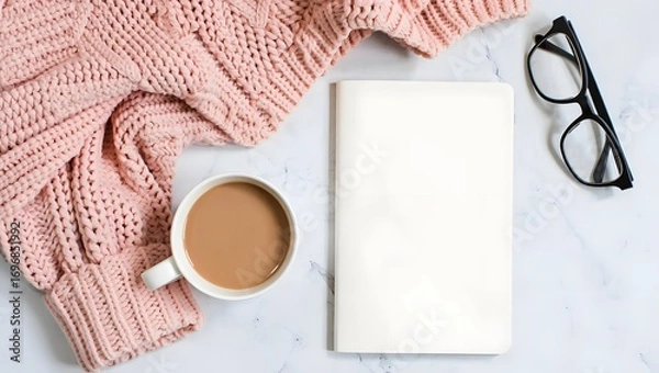 Obraz Cozy scene with coffee, book, sweater and glasses on a marble surface, ready for reading