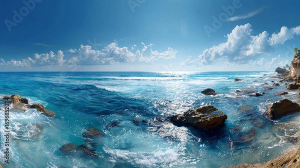 Fototapeta Panoramic ocean landscape with calm waves under a clear blue sky