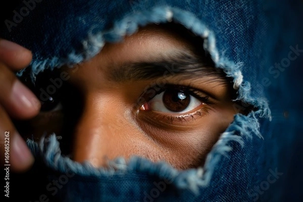 Obraz Eyes peering through torn denim fabric revealing a person's intense gaze and emotion