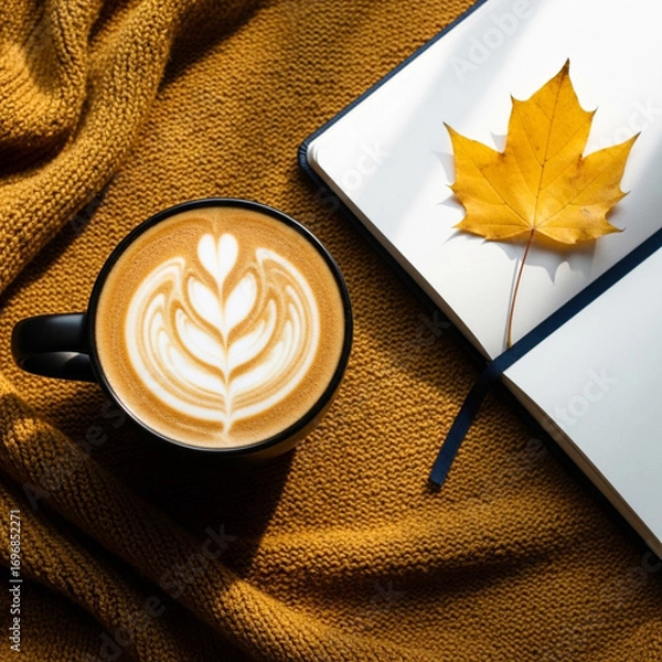 Fototapeta Cozy autumn morning with latte art and maple leaf on a blanket