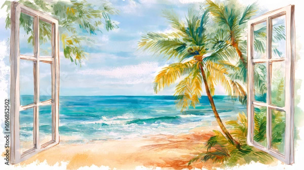 Fototapeta Ocean outlook: watercolor hand drawing of an ocean view from a coastal window, perfect for marine tour services and coastal businesses - relaxation area photo stock