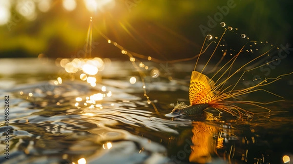 Obraz Golden hour fishing lure floats on shimmering water catching morning light