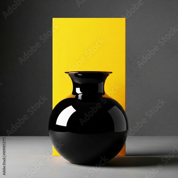 Fototapeta Elegant black vase with a vibrant yellow background in a studio setting