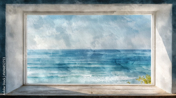 Fototapeta Ocean outlook: watercolor hand drawing of an ocean view from a coastal window, perfect for marine tour services and coastal businesses - relaxation area photo stock