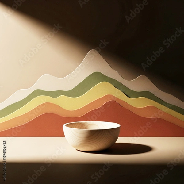 Fototapeta Minimalist ceramic bowl on a shelf with abstract mountain landscape backdrop