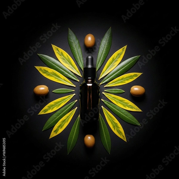 Fototapeta Dark glass bottle surrounded by olive leaves and olives in a radial pattern