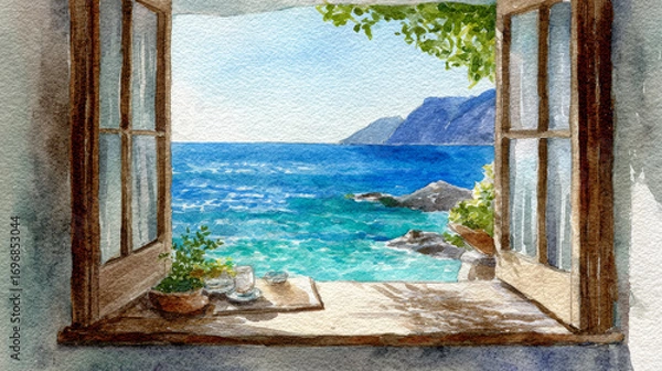 Fototapeta Ocean outlook: watercolor hand drawing of an ocean view from a coastal window, perfect for marine tour services and coastal businesses - relaxation area photo stock