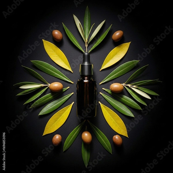 Fototapeta Elegant black bottle surrounded by olive leaves and olives in a circular pattern