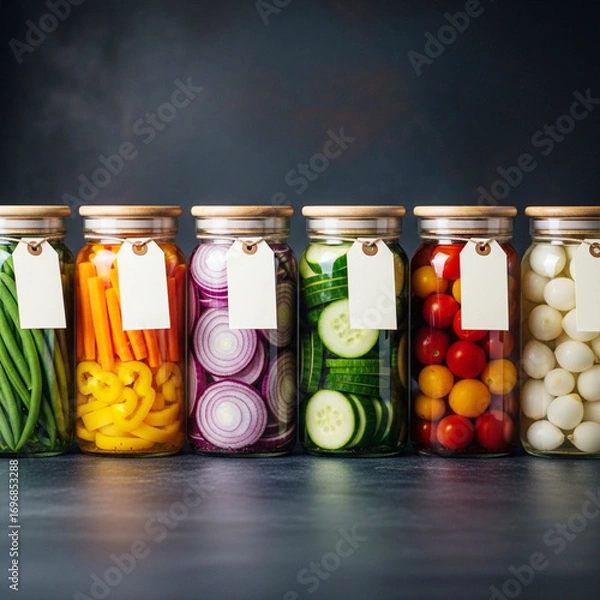 Fototapeta Assortment of fresh vegetables preserved in glass jars lined up against a dark background