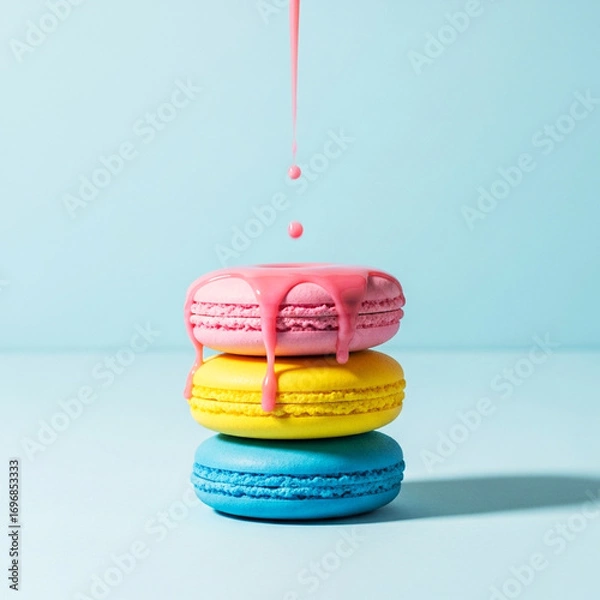 Fototapeta Pink icing drizzles onto a stack of colorful macarons against a light blue background