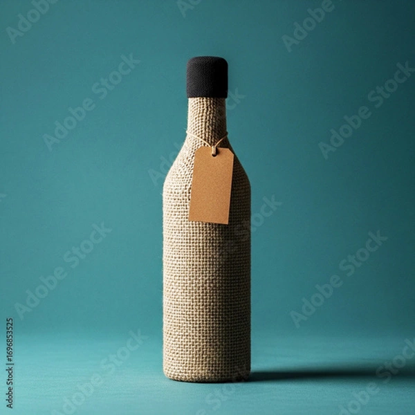 Fototapeta Elegant glass bottle wrapped in textured material with a simple tag