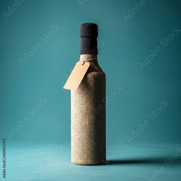 Fototapeta Elegant bottle wrapped in textured material with a blank gift tag on teal background