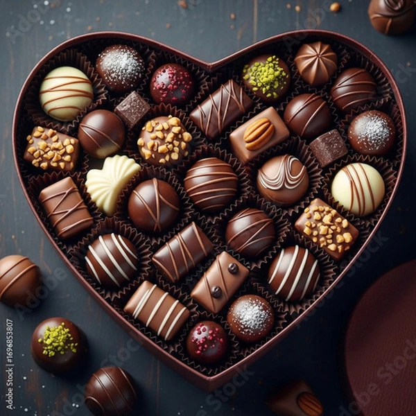 Fototapeta Assortment of delicious gourmet chocolates arranged in a heart shaped box