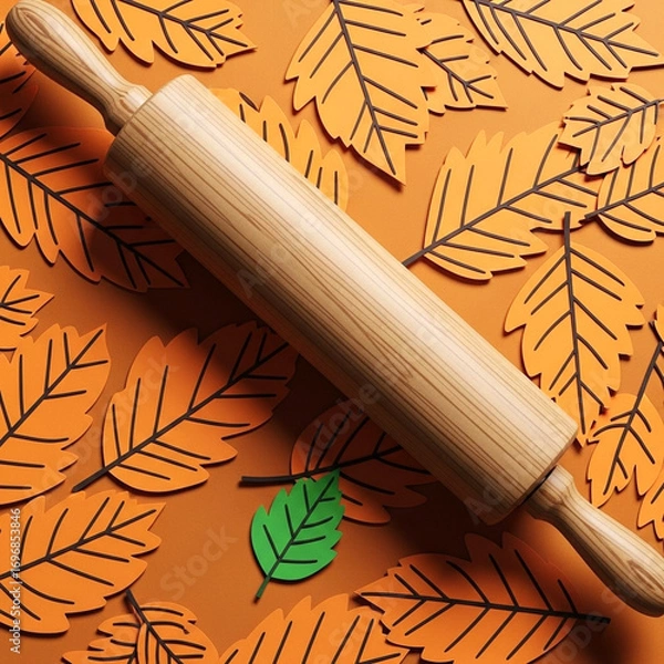 Fototapeta Rustic wooden rolling pin resting amidst autumn leaf decorations on a warm orange background