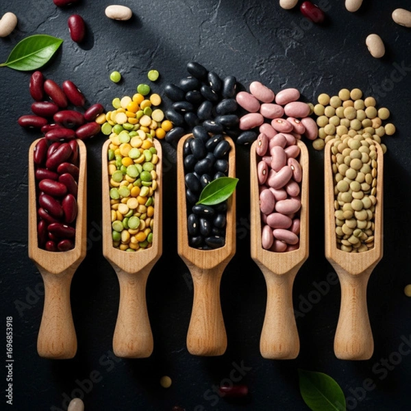 Fototapeta Variety of dried beans and lentils presented in wooden scoops on a dark surface
