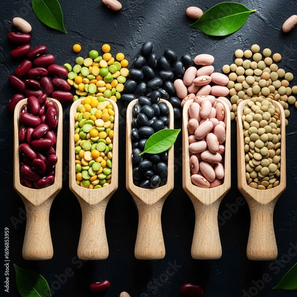 Fototapeta Variety of dried beans and lentils presented in wooden scoops on a dark surface