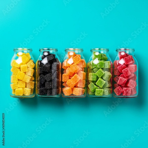 Fototapeta Colorful cubes of fruit candy preserved in glass jars on a teal background