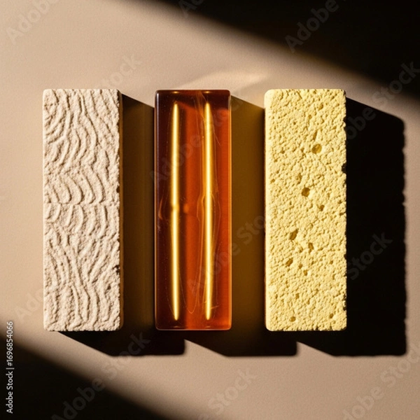 Fototapeta Three textured rectangular objects casting long shadows on a neutral surface