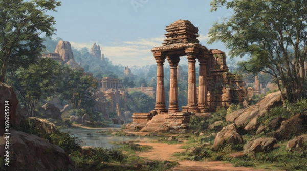 Fototapeta Ancient stone temple with weathered architecture under clear sky