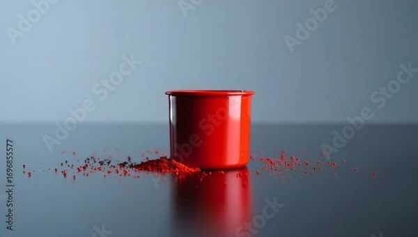 Obraz Red container with spilled powder on a reflective surface against a gray background
