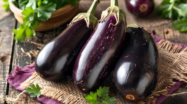 Obraz Fresh purple eggplants with parsley on rustic wooden table, healthy produce