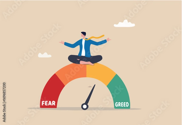 Fototapeta Market sentiment, fear and greed index, emotional on stock market or crypto currency trading indicator, investment risk psychology concept, businessman investor meditating on market sentiment gauge. 