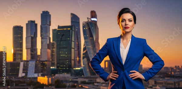 Fototapeta A woman in a blue suit stands in front of a city skyline. She is confident and poised, with her hands on her hips. Concept of power and success, as the woman is dressed professionally