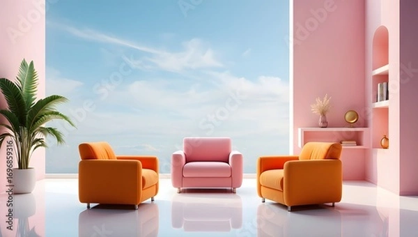Obraz Interior design with armchairs and sky view showcasing modern pastel aesthetics perfectly